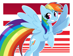 Size: 1024x791 | Tagged: safe, artist:kmwolf, derpibooru import, rainbow dash, pegasus, pony, grin, long tail, solo, spread wings