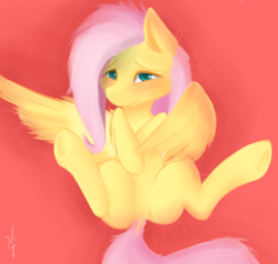 Size: 2000x1900 | Tagged: safe, artist:immistchaser, fluttershy, pegasus, pony, bedroom eyes, blushing, cute, dock, featureless crotch, fluffy, legs in air, looking at you, on back, shyabetes, smiling, solo, spread legs, spread wings, spreading, underhoof