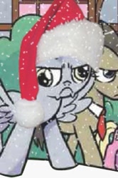 Size: 215x324 | Tagged: safe, artist:agnesgarbowska, edit, idw, derpy hooves, doctor whooves, earth pony, pegasus, pony, spoiler:comic, spoiler:comicponyvillemysteries4, angry, christmas, frown, hat, holiday, ponyville mysteries, santa hat, snow, snowfall, spread wings, wat, wings, winter