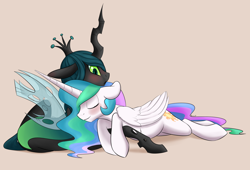 Size: 1280x868 | Tagged: safe, artist:leatherbiscuit, princess celestia, queen chrysalis, alicorn, changeling, changeling queen, pony, blushing, chryslestia, commission, cuddling, cute, cutealis, cutelestia, eyes closed, female, floppy ears, lesbian, missing accessory, prone, shipping, smiling, snuggling, wide eyes