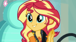 Size: 480x270 | Tagged: safe, screencap, fluttershy, sunset shimmer, driving miss shimmer, driving miss shimmer: fluttershy, equestria girls, equestria girls series, animated, cute, excited, faic, female, fluttershy's car, frown, geode of empathy, geode of fauna, gif, magical geodes, rekt, shimmerbetes, steering wheel