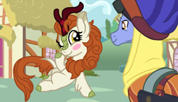 Size: 844x482 | Tagged: safe, artist:thatonecrazyartist18, autumn blaze, hoo'far, pony, saddle arabian, unicorn, awwtumn blaze, blushing, building, bush, crack shipping, cute, female, goggles, headscarf, hoo'blaze, interspecies, male, one eye closed, ponyville, raised hoof, saddle bag, scarf, seductive, seductive pose, shipping, sky, stallion, straight, wink