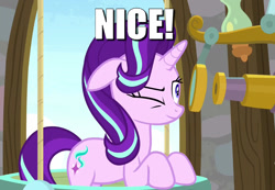 Size: 1280x886 | Tagged: safe, edit, edited screencap, screencap, starlight glimmer, pony, unicorn, a matter of principals, caption, image macro, inverted mouth, nice, smiling, solo, telescope, text