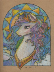 Size: 2702x3606 | Tagged: safe, artist:draltruist, princess celestia, alicorn, pony, bust, portrait, solo, stained glass, traditional art