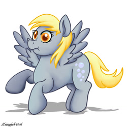 Size: 1280x1280 | Tagged: safe, artist:asinglepetal, derpy hooves, pegasus, pony, female, mare, polite cat, scrunchy face, solo, spread wings, wings