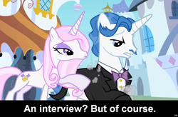 Size: 1024x672 | Tagged: safe, derpibooru import, fancypants, fleur-de-lis, comic:celestia's servant interview, caption, interview