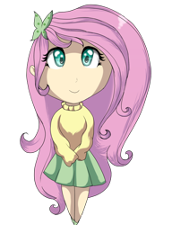 Size: 894x1164 | Tagged: safe, artist:uunicornicc, fluttershy, chibi, clothes, humanized, simple background, skirt, solo, sweater, sweatershy, transparent background