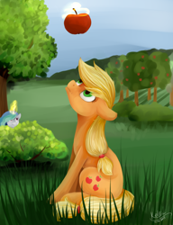 Size: 2000x2600 | Tagged: safe, artist:shiro-roo, applejack, princess celestia, alicorn, earth pony, pony, apple, food, hatless, magic, missing accessory, suspicious floating fruit, telekinesis, that pony sure does love apples, tree, trollestia