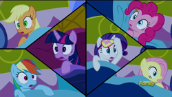 Size: 1920x1080 | Tagged: safe, derpibooru import, screencap, applejack, fluttershy, pinkie pie, rainbow dash, rarity, twilight sparkle, twilight sparkle (alicorn), alicorn, earth pony, pegasus, pony, unicorn, do princesses dream of magic sheep, bed, mane six, sleep mask, waking