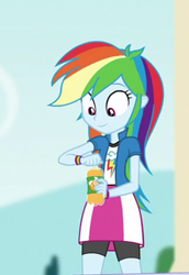 Size: 218x316 | Tagged: safe, derpibooru import, screencap, rainbow dash, dance magic, equestria girls, spoiler:eqg specials, apple cider, clothes, compression shorts, cropped, cute, dashabetes, drink, female, shorts, skirt