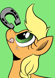 Size: 826x1169 | Tagged: safe, artist:darkhestur, applejack, earth pony, pony, balancing, color, green background, horseshoes, ponies balancing stuff on their nose, silly, silly pony, simple background, solo, tongue out
