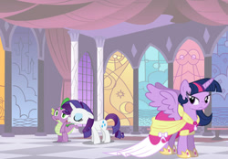 Size: 720x502 | Tagged: safe, artist:vpxaj21, derpibooru import, rarity, spike, twilight sparkle, twilight sparkle (alicorn), alicorn, dragon, pony, unicorn, clothes, coronation dress, dress, female, implied twispike, jealous, male, mare, shipping, sparity, straight