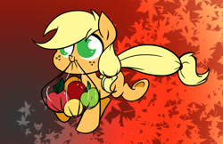 Size: 600x388 | Tagged: safe, artist:bunnimation, applejack, earth pony, pony, apple, bag, leaves, mouth hold, running, solo