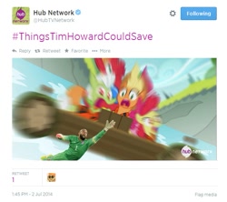 Size: 621x551 | Tagged: safe, edit, apple bloom, applejack, big macintosh, granny smith, pinkie pie, human, pinkie apple pie, hub network, irl, irl human, official, photo, the hub, tim howard, twitter, world cup