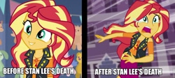 Size: 960x429 | Tagged: safe, edit, edited screencap, screencap, sunset shimmer, better together, equestria girls, forgotten friendship, rollercoaster of friendship, before and after, caption, geode of empathy, image macro, magical geodes, marvel, op is a cuck, stan lee, tasteless, text