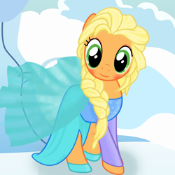 Size: 6400x6400 | Tagged: safe, artist:beavernator, applejack, earth pony, pony, absurd resolution, blushing, clothes, cosplay, dress, elsa, frozen (movie), looking at you, queen elsajack, smiling, solo