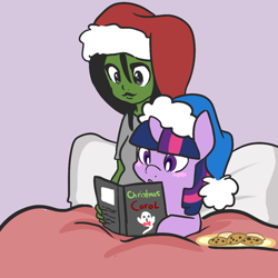 Size: 1000x1000 | Tagged: safe, artist:mt, derpibooru import, twilight sparkle, oc, oc:anon, oc:femanon, human, bed, book, christmas, cookie, food, reading