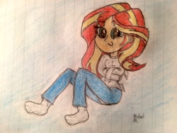 Size: 3264x2448 | Tagged: safe, artist:michaelmaddox222, sunset shimmer, human, equestria girls, bondage, clothes, colored, cute, female, human coloration, jeans, lined paper, looking at you, pants, pencil drawing, self bondage, shimmerbetes, signature, smiling, socks, solo, straitjacket, traditional art