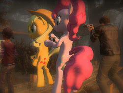 Size: 640x480 | Tagged: safe, applejack, pinkie pie, earth pony, pony, 3d, bipedal, clementine (walking dead), gun, left 4 dead 2, leon s. kennedy, mod, pistol, resident evil, the walking dead