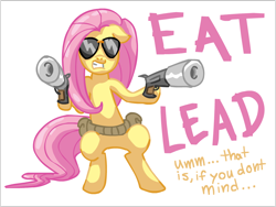 Size: 900x676 | Tagged: safe, artist:anarchianbedlam, fluttershy, pegasus, pony, 12.7mm pistol, badass, bipedal, female, gun, guns akimbo, if that's okay with you, mare, solo, sunglasses, suppressor