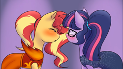 Size: 1366x768 | Tagged: safe, artist:jase1505, sci-twi, sunset shimmer, twilight sparkle, pony, unicorn, series:sunlight horizons, equestria girls, alternate costumes, alternate hairstyle, blushing, clothes, dress, equestria girls ponified, eyes closed, female, imminent kissing, lesbian, ponified, scitwishimmer, shipping, simple background, sunsetsparkle, unicorn sci-twi, youtube link