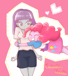 Size: 1800x2000 | Tagged: safe, artist:minami_um, maud pie, pinkie pie, equestria girls, rainbow rocks, blushing, clothes, eyes closed, female, glomp, hug, pixiv, shirt, shorts, sisters, skirt, smiling