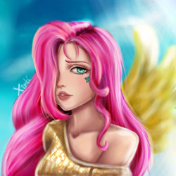 Size: 4000x4000 | Tagged: safe, artist:xintani, fluttershy, human, bare shoulder portrait, clothes, eye cover, hair over one eye, humanized, off shoulder, solo, tattoo, winged humanization