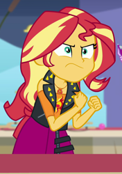 Size: 520x739 | Tagged: safe, screencap, sunset shimmer, better together, equestria girls, rollercoaster of friendship, clothes, cropped, female, fist, geode of empathy, jacket, magical geodes, offscreen character, skirt