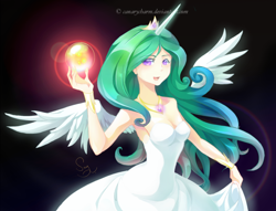 Size: 800x611 | Tagged: safe, artist:canarycharm, princess celestia, human, armpits, horned humanization, humanized, solo, winged humanization