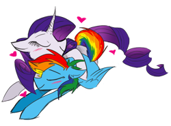 Size: 1600x1181 | Tagged: safe, artist:heeeeresizzy, derpibooru import, rainbow dash, rarity, pegasus, pony, unicorn, blushing, female, heart, lesbian, mare, raridash, shipping, simple background, sleeping, transparent background