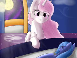 Size: 2000x1500 | Tagged: safe, artist:fierymeyno, princess celestia, princess luna, alicorn, pony, crepuscular rays, filly, moon, moonlight, sleeping, woona, younger