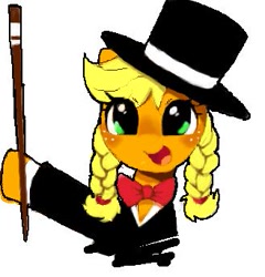 Size: 329x342 | Tagged: safe, artist:30clock, applejack, earth pony, pony, blushing, bowtie, braid, clothes, cute, hat, hoof hold, jackabetes, magician, open mouth, pigtails, pixiv, simple background, smiling, solo, top hat, white background