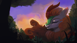 Size: 1920x1080 | Tagged: safe, artist:hierozaki, autumn blaze, kirin, sounds of silence, eyes closed, female, smiling, solo, tree