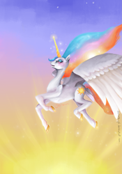 Size: 2409x3436 | Tagged: safe, artist:soirema-pl, princess celestia, alicorn, pony, female, flying, mare, solo