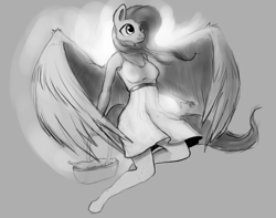 Size: 1199x943 | Tagged: safe, artist:rain-gear, fluttershy, anthro, pegasus, unguligrade anthro, basket, clothes, dress, female, grayscale, mare, monochrome, solo