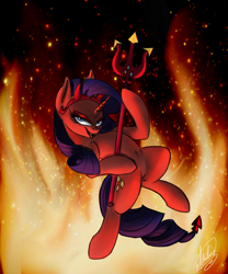 Size: 3000x3600 | Tagged: safe, artist:xxmarkingxx, rarity, pony, unicorn, the saddle row review, bedroom eyes, devil rarity, fangs, fire, hell, horns, shoulder devil, solo, trident