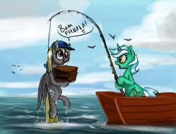 Size: 998x758 | Tagged: safe, artist:ketrindarkdragon, derpy hooves, lyra heartstrings, bird, seagull, clothes, cute, cyrillic, derp, derpabetes, fishing, fishing rod, ocean, russian, translated in the description, uniform, water