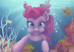 Size: 3508x2480 | Tagged: safe, artist:katyand, pinkie pie, earth pony, fish, pony, bubble, coral, high res, solo, underwater