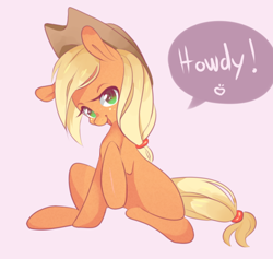 Size: 658x623 | Tagged: safe, artist:coffeechicken, applejack, earth pony, pony, dialogue, simple background, sitting, solo