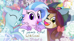 Size: 1920x1080 | Tagged: safe, artist:rainbow eevee, ocellus, rainbow dash, rarity, silverstream, snails, starlight glimmer, twilight sparkle, yona, changedling, changeling, classical hippogriff, hippogriff, pegasus, pony, unicorn, yak, anniversary, cute, diaocelles, diastreamies, happy birthday mlp:fim, looking at you, love, mlp fim's ninth anniversary, monkey swings, one eye closed, sign, wallpaper, yonadorable