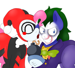 Size: 2109x1900 | Tagged: safe, artist:blackbewhite2k7, pinkie pie, oc, earth pony, pony, bomb, commission, crossover, harley quinn, kissing, lipstick, pinkie quinn, the joker