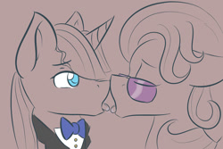 Size: 1280x853 | Tagged: safe, artist:komponi, derpibooru import, hoity toity, prince blueblood, gay, hoityblood, imminent kissing, male, shipping, tongue out