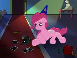 Size: 1396x1047 | Tagged: safe, artist:rainihorn, pinkie pie, earth pony, pony, hat, party hat, sad, solo