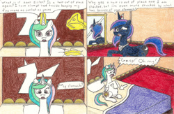 Size: 1024x667 | Tagged: safe, artist:eternaljonathan, princess celestia, princess luna, alicorn, pony, comic:a new twist, belly, comic, pregnant, traditional art