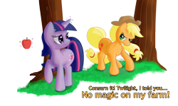 Size: 1500x900 | Tagged: safe, artist:nuclearsuplexattack, applejack, twilight sparkle, earth pony, pony, apple, duo, magic, telekinesis, tree