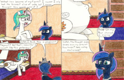 Size: 1024x665 | Tagged: safe, artist:eternaljonathan, princess celestia, princess luna, alicorn, pony, comic:a new twist, belly, comic, pregnant, traditional art