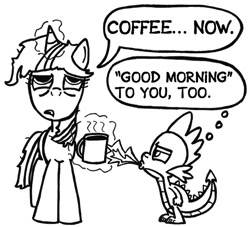 Size: 581x528 | Tagged: safe, artist:samueleallen, derpibooru import, spike, twilight sparkle, dragon, coffee, monochrome