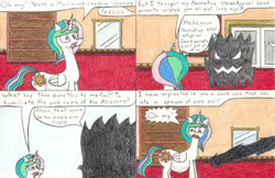 Size: 1024x662 | Tagged: safe, artist:eternaljonathan, princess celestia, alicorn, pony, comic:a new twist, belly, comic, pregnant, shadow creature, traditional art