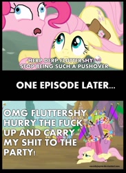 Size: 780x1067 | Tagged: safe, edit, edited screencap, screencap, fluttershy, pinkie pie, earth pony, pegasus, pony, it's about time, putting your hoof down, derp, faic, image macro, meme, pinkie drama, vulgar