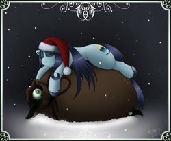 Size: 1218x1004 | Tagged: safe, artist:r perils, derpibooru import, oc, oc only, oc:ipsywitch, ask ipsywitch, bag, christmas, eyeball, hat, santa hat, sleeping, snow, snowfall, tentacles